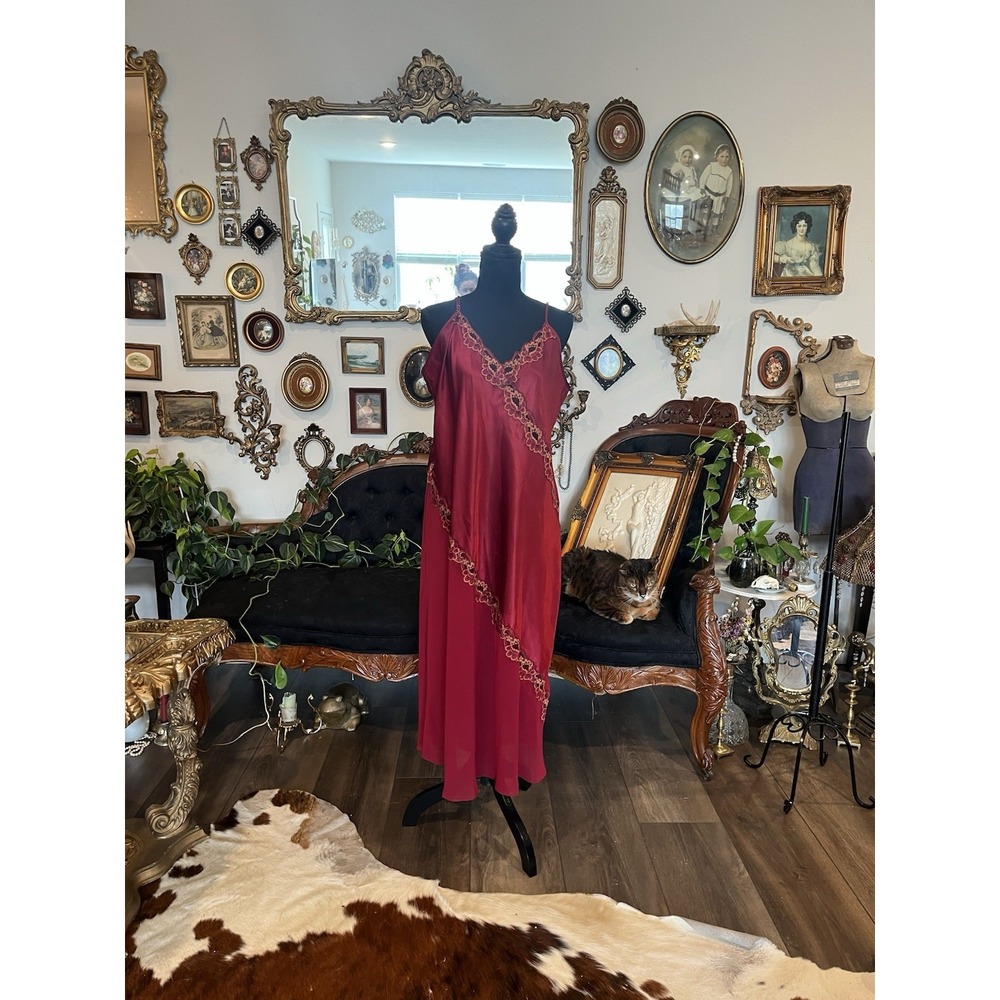 Vintage California Dynasty Red Liquid Shiny Satin Slip Dress Nightgown Lingerie